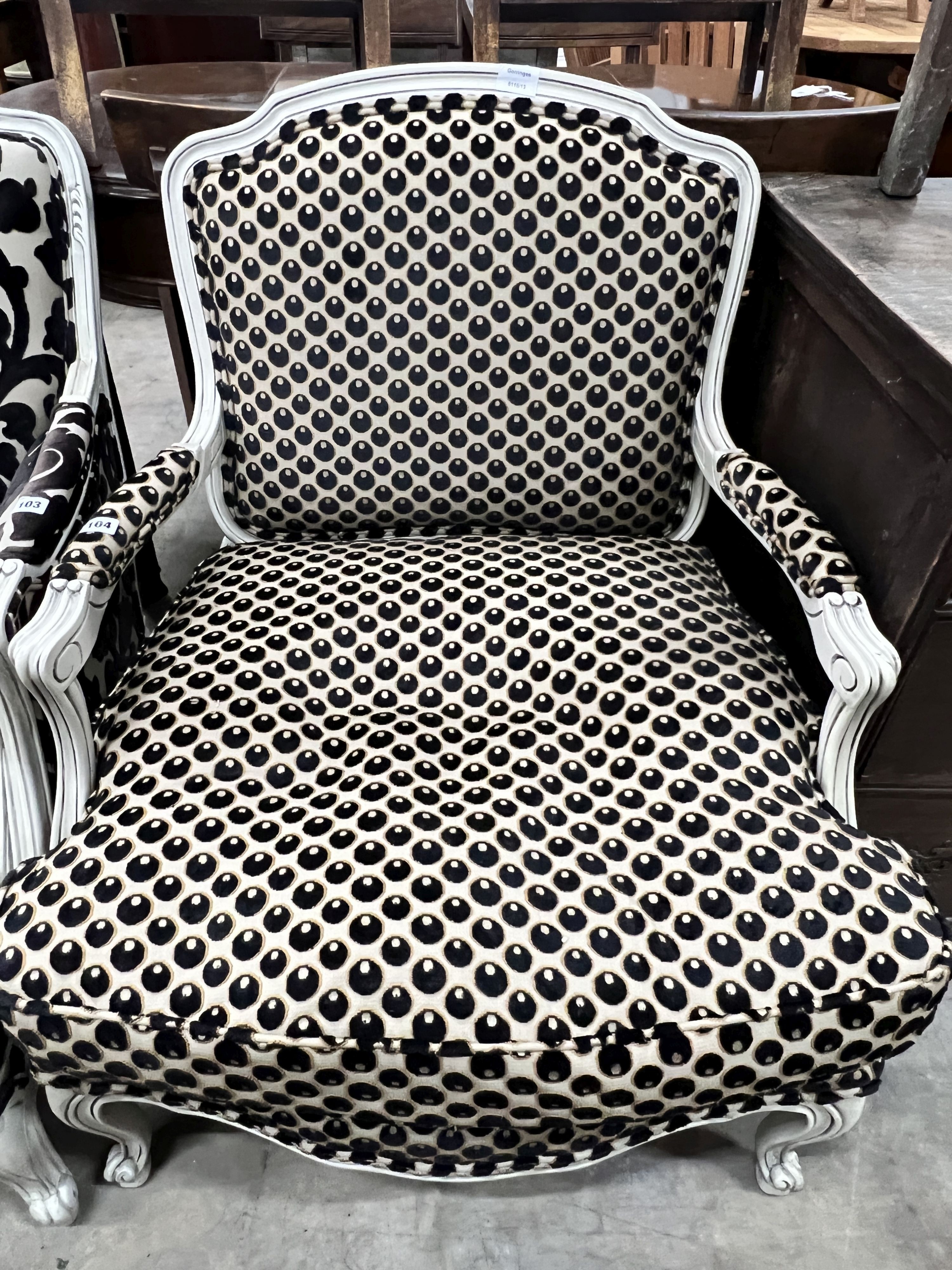 A French painted upholstered armchair, width 70cm, depth 63cm, height 88cm